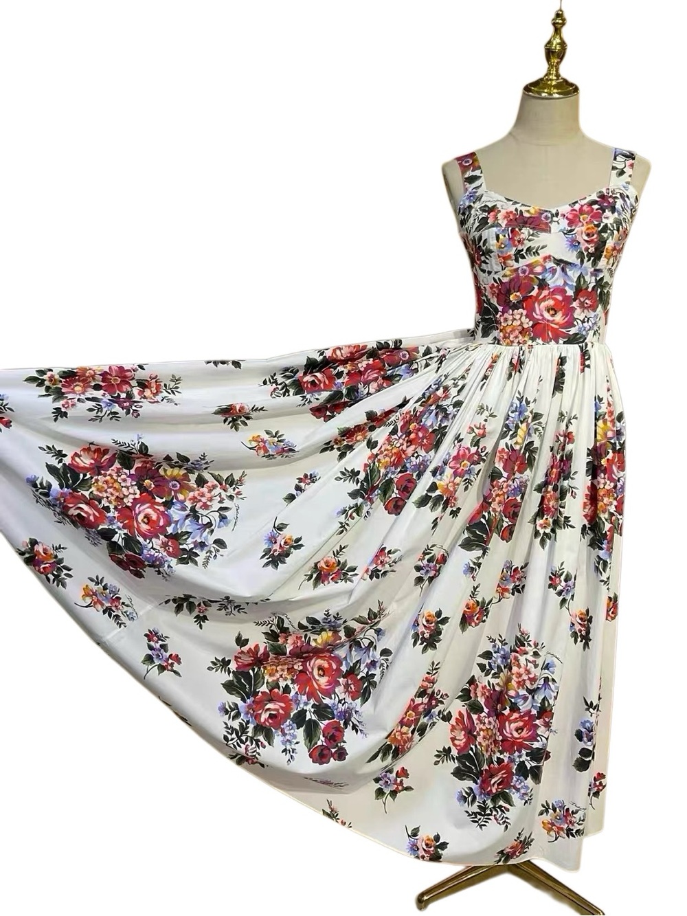 Designer 100% Cotton Floral Print White Midi Dress with Straps